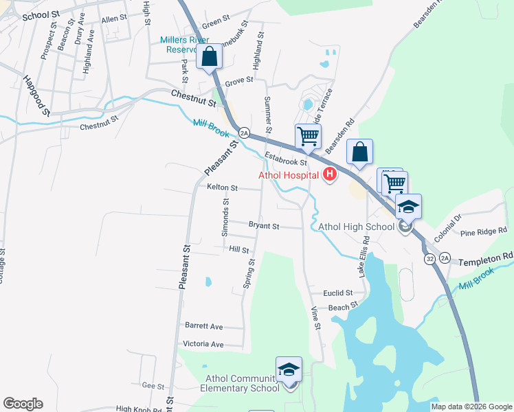 map of restaurants, bars, coffee shops, grocery stores, and more near 160 Spring Street in Athol