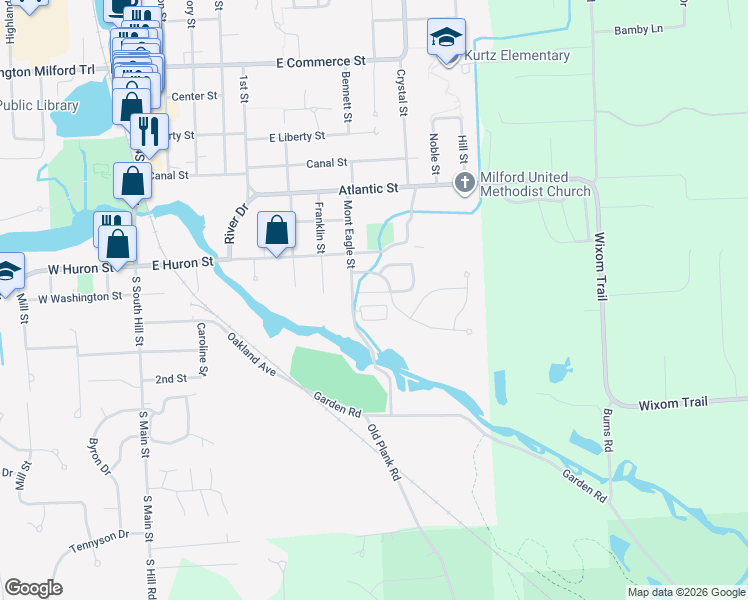 map of restaurants, bars, coffee shops, grocery stores, and more near 919 Riverstone Court in Milford Charter Township