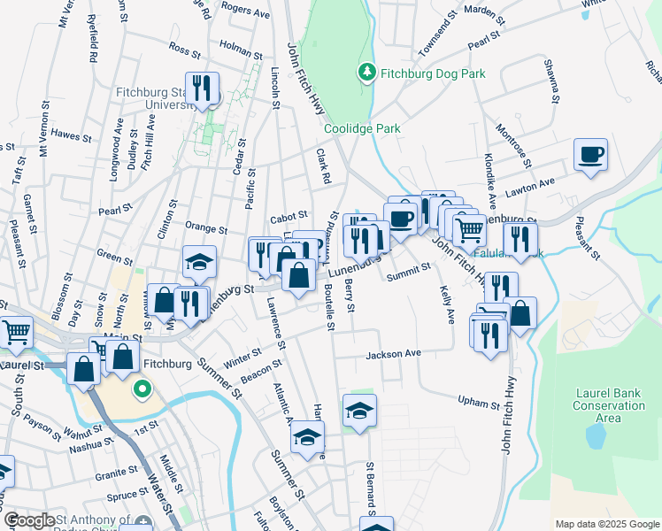 map of restaurants, bars, coffee shops, grocery stores, and more near 9 Townsend Street in Fitchburg