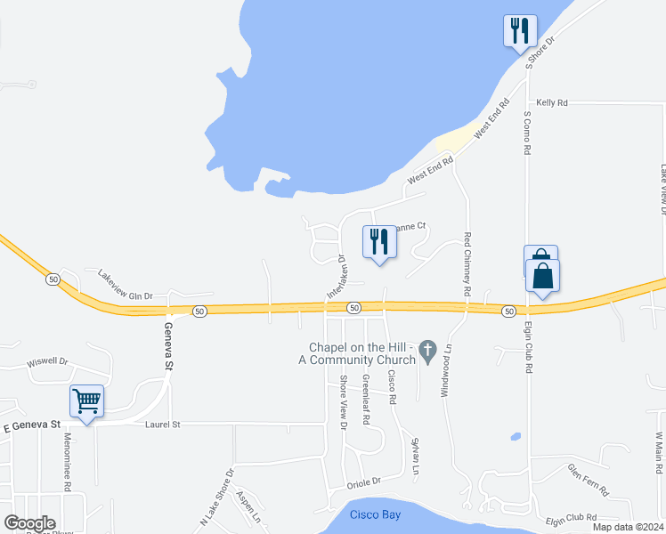 map of restaurants, bars, coffee shops, grocery stores, and more near 10 Zurich Court in Lake Geneva