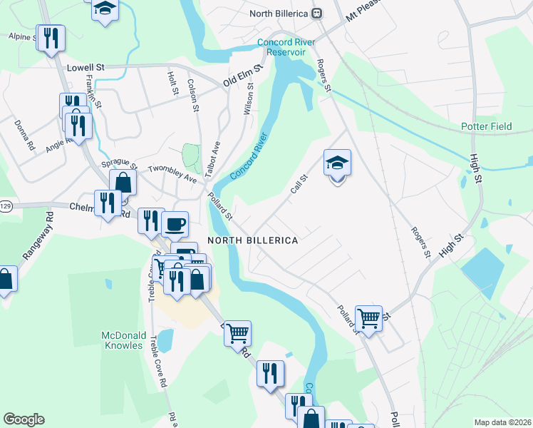 map of restaurants, bars, coffee shops, grocery stores, and more near 14 Call Street in Billerica