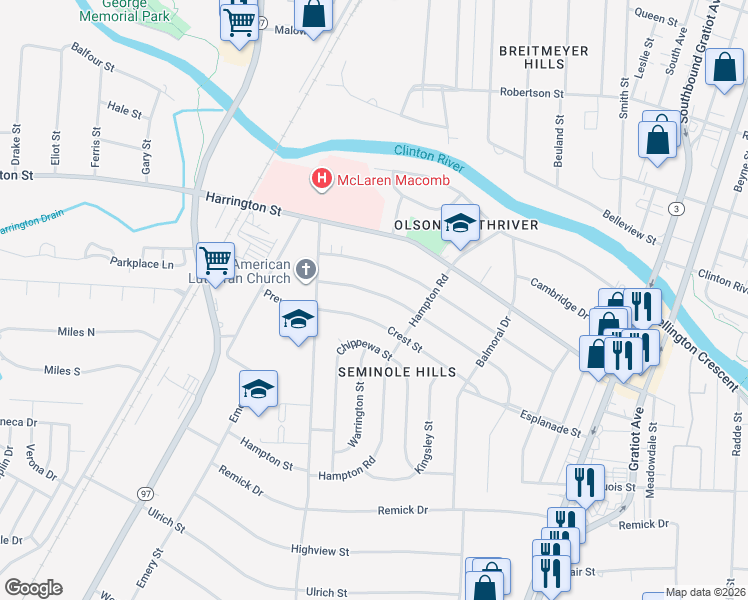 map of restaurants, bars, coffee shops, grocery stores, and more near 932 North Esplanade Street in Mount Clemens