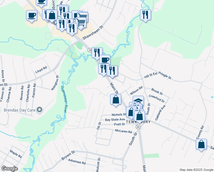 map of restaurants, bars, coffee shops, grocery stores, and more near 2119 Main Street in Tewksbury