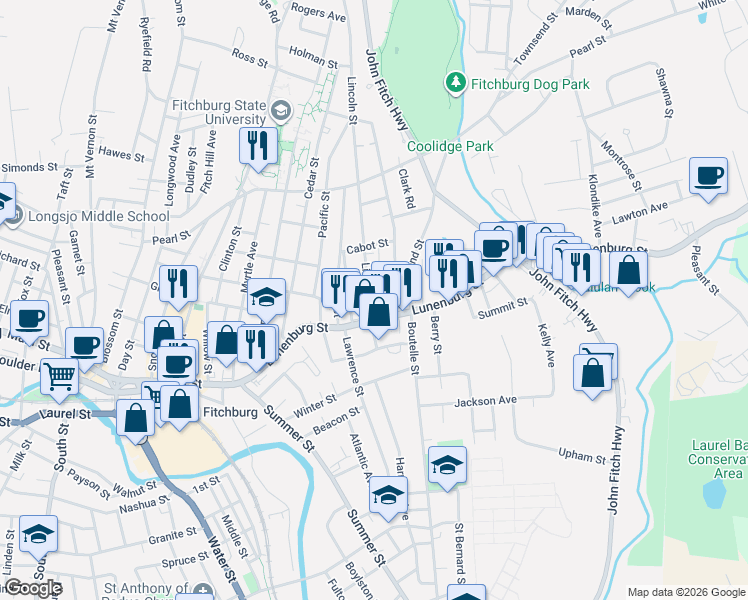 map of restaurants, bars, coffee shops, grocery stores, and more near 44 Lincoln Street in Fitchburg