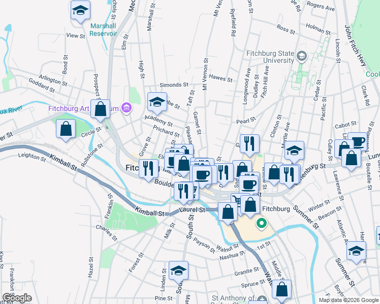 map of restaurants, bars, coffee shops, grocery stores, and more near 79 Prichard Street in Fitchburg