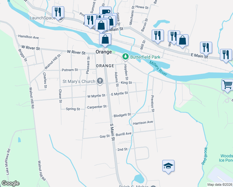 map of restaurants, bars, coffee shops, grocery stores, and more near 63 Adams Street in Orange