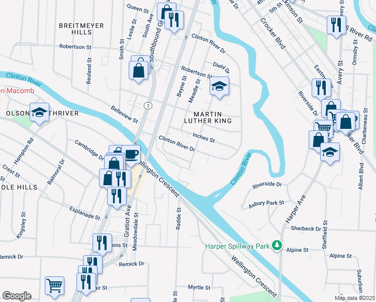 map of restaurants, bars, coffee shops, grocery stores, and more near 716 Clinton River Drive in Mount Clemens