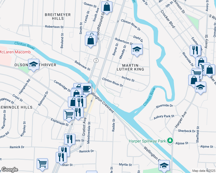 map of restaurants, bars, coffee shops, grocery stores, and more near 765 Clinton River Drive in Mount Clemens