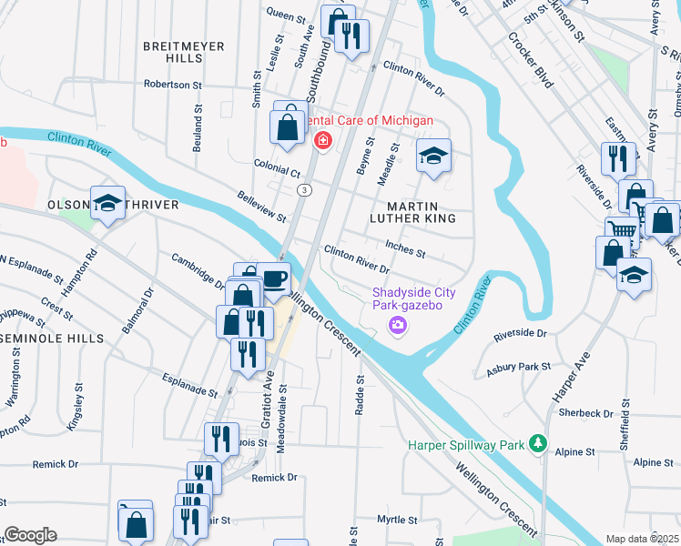 map of restaurants, bars, coffee shops, grocery stores, and more near 765 Clinton River Drive in Mount Clemens