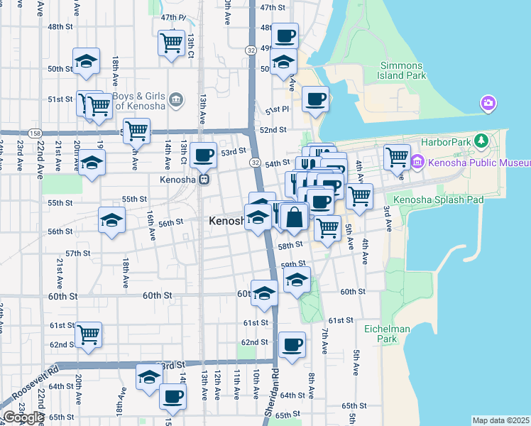 map of restaurants, bars, coffee shops, grocery stores, and more near in Kenosha