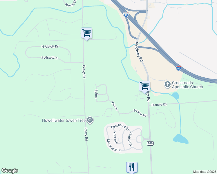 map of restaurants, bars, coffee shops, grocery stores, and more near 1000 Spirea in Howell