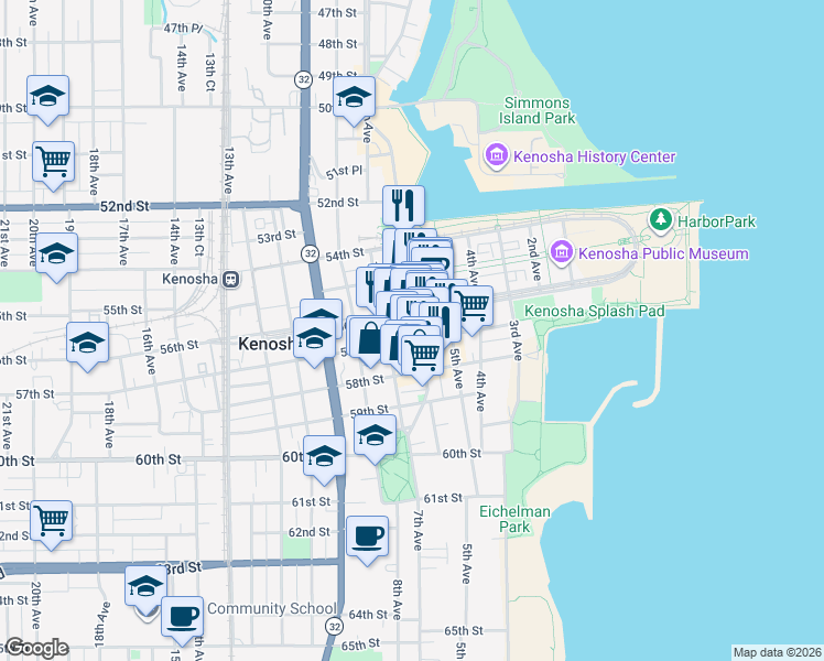 map of restaurants, bars, coffee shops, grocery stores, and more near 5509 6th Avenue in Kenosha