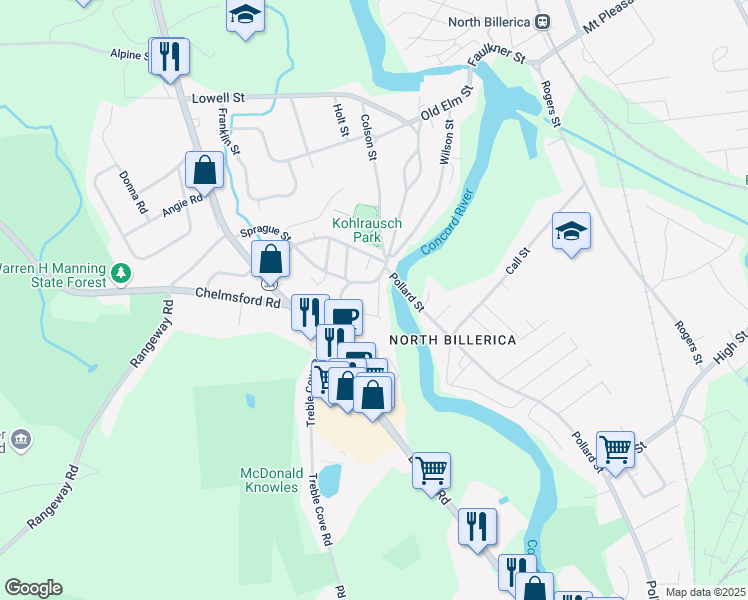 map of restaurants, bars, coffee shops, grocery stores, and more near 2 Manor Road in Billerica