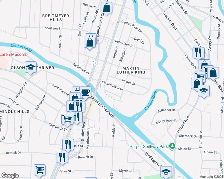 map of restaurants, bars, coffee shops, grocery stores, and more near 716 Clinton River Drive in Mount Clemens