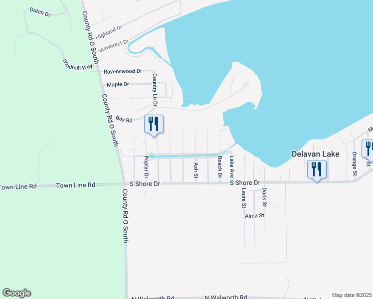 map of restaurants, bars, coffee shops, grocery stores, and more near 4218 Central Boulevard in Delavan