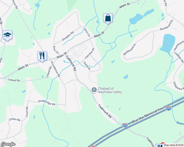 map of restaurants, bars, coffee shops, grocery stores, and more near 8 Dana Drive in Westford