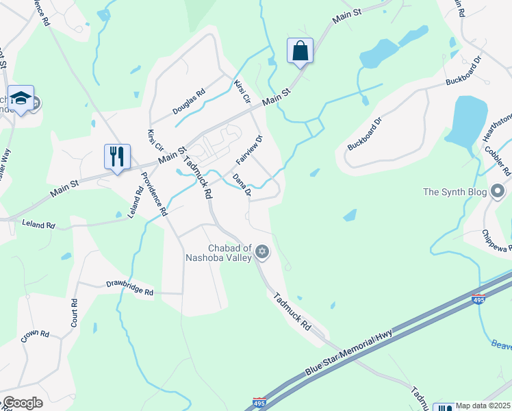 map of restaurants, bars, coffee shops, grocery stores, and more near 6 Dana Drive in Westford