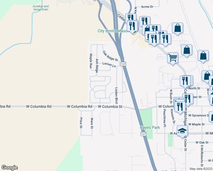 map of restaurants, bars, coffee shops, grocery stores, and more near 482 Shade Tree Trail in Mason