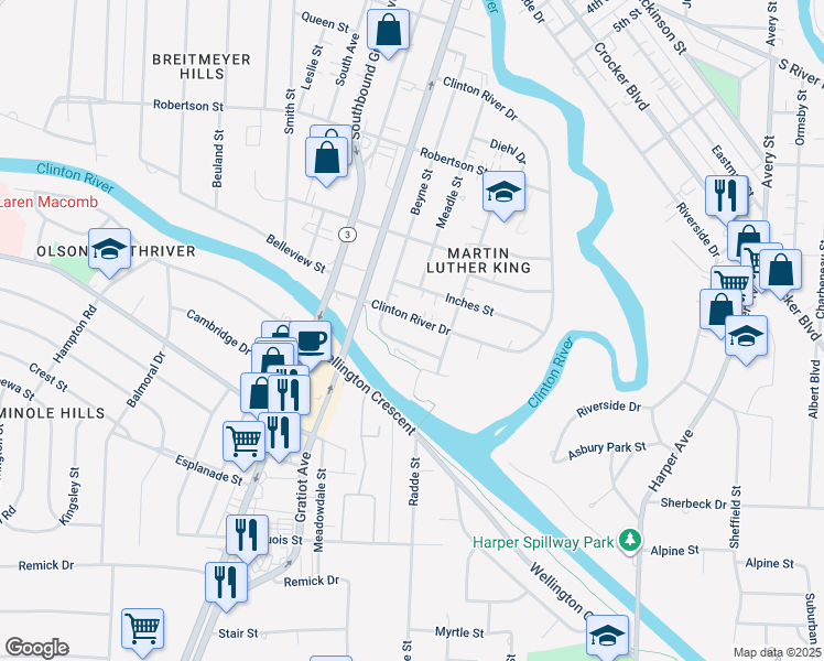 map of restaurants, bars, coffee shops, grocery stores, and more near 716 Clinton River Drive in Mount Clemens