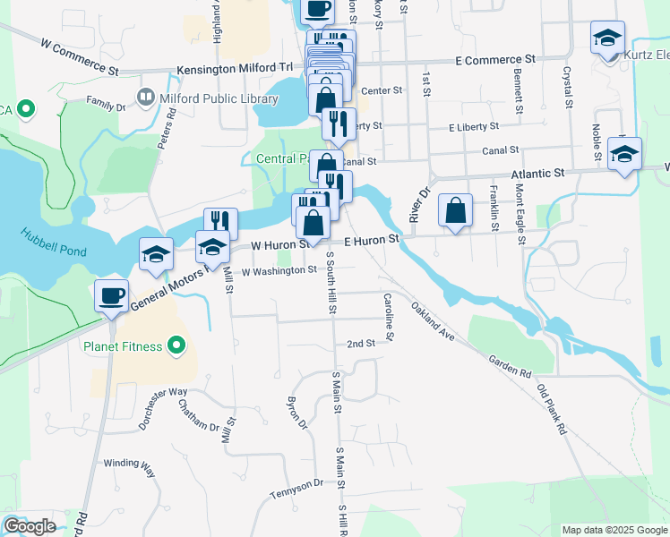 map of restaurants, bars, coffee shops, grocery stores, and more near 119 East Washington Street in Milford Charter Township