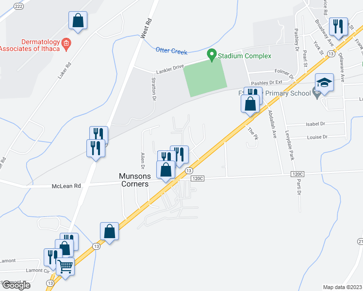 map of restaurants, bars, coffee shops, grocery stores, and more near Halstead Drive & Holiday Drive in Cortland