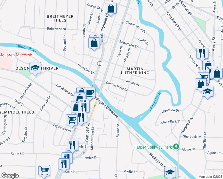 map of restaurants, bars, coffee shops, grocery stores, and more near 765 Clinton River Drive in Mount Clemens