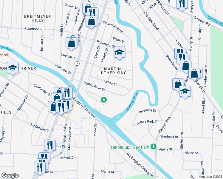 map of restaurants, bars, coffee shops, grocery stores, and more near 61 Inches Street in Mount Clemens