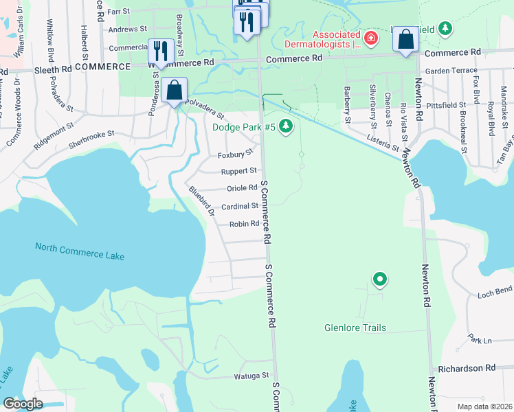 map of restaurants, bars, coffee shops, grocery stores, and more near 118 Cardinal Street in Commerce Charter Township