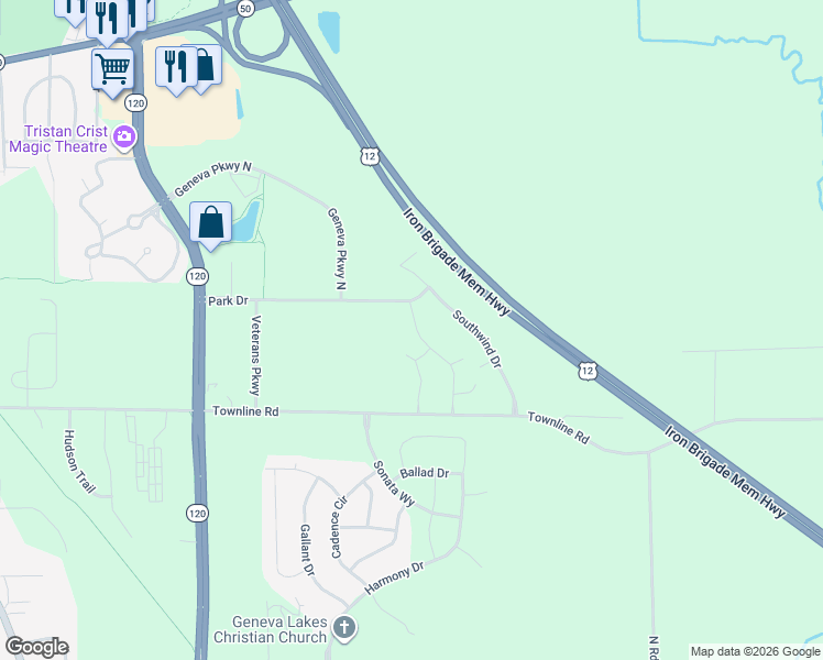 map of restaurants, bars, coffee shops, grocery stores, and more near 1150 Park Drive in Lake Geneva