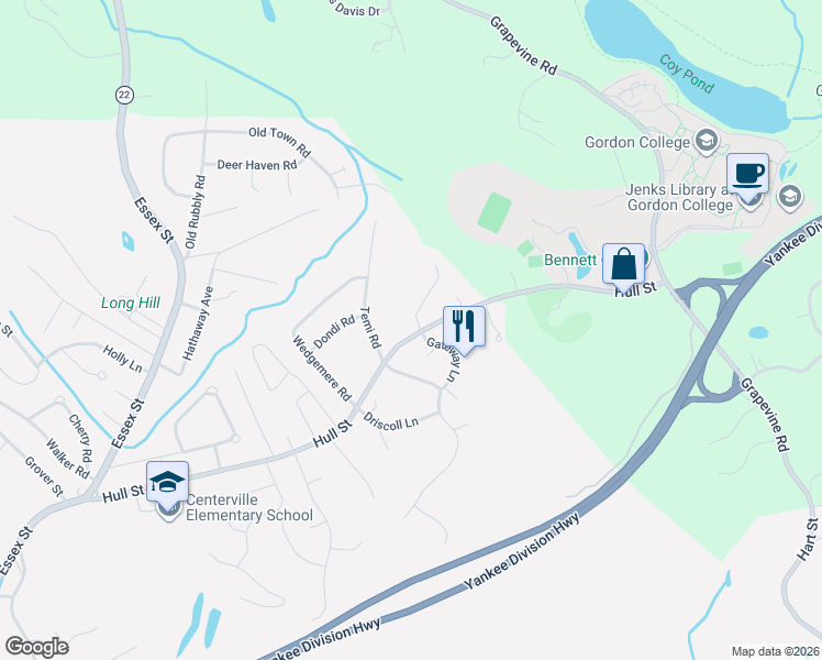 map of restaurants, bars, coffee shops, grocery stores, and more near 114 Hull Street in Beverly