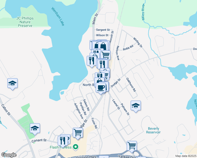 map of restaurants, bars, coffee shops, grocery stores, and more near 6 Hoover Avenue in Beverly