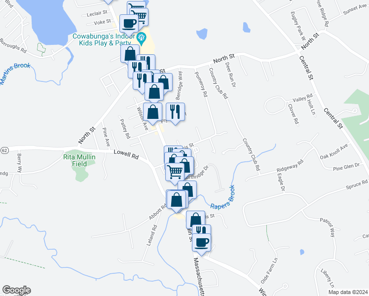 map of restaurants, bars, coffee shops, grocery stores, and more near 6 Francis Street in North Reading