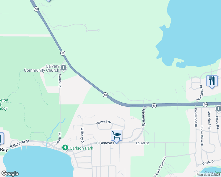 map of restaurants, bars, coffee shops, grocery stores, and more near W4544 State Road 50 in Lake Geneva
