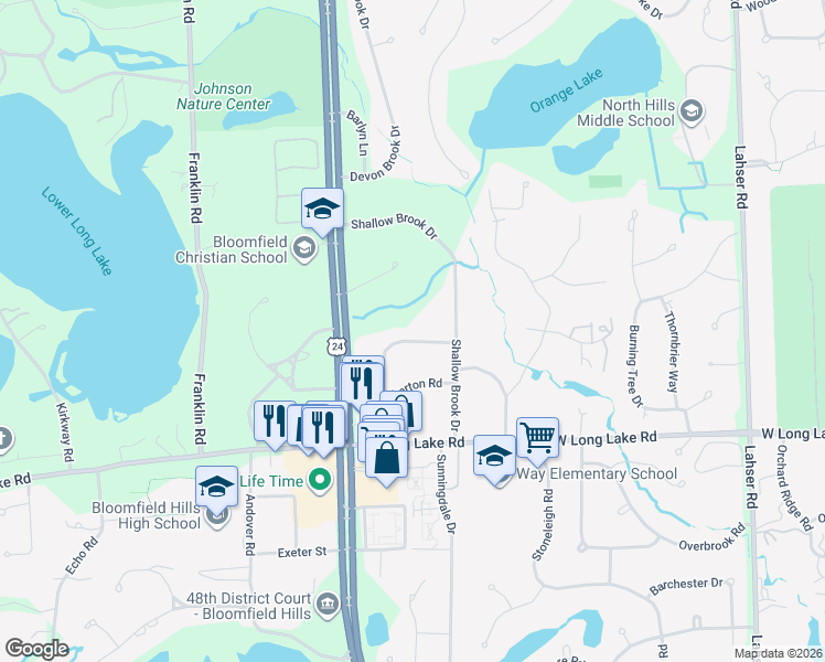 map of restaurants, bars, coffee shops, grocery stores, and more near 840 North Pemberton Road in Bloomfield Hills