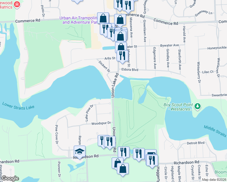 map of restaurants, bars, coffee shops, grocery stores, and more near 3519 Union Lake Road in Commerce Charter Township