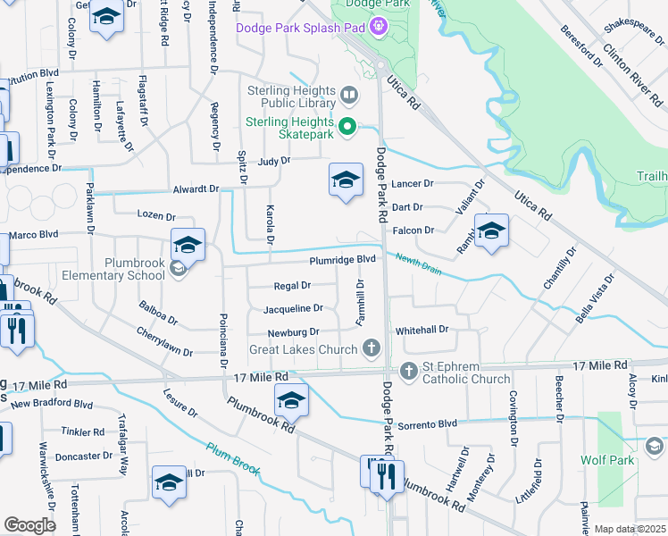 map of restaurants, bars, coffee shops, grocery stores, and more near 11405 Plumridge Boulevard in Sterling Heights