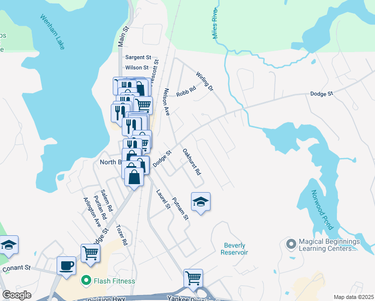 map of restaurants, bars, coffee shops, grocery stores, and more near 1 Michael Road in Beverly