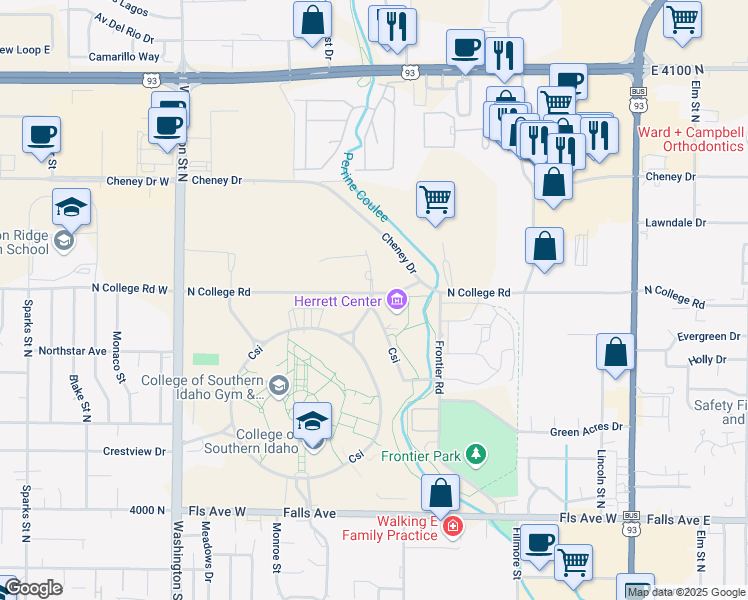 map of restaurants, bars, coffee shops, grocery stores, and more near 315 Falls Avenue in Twin Falls