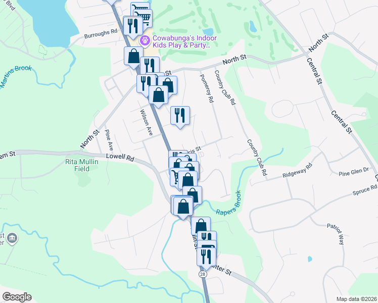 map of restaurants, bars, coffee shops, grocery stores, and more near 6 Francis Street in North Reading