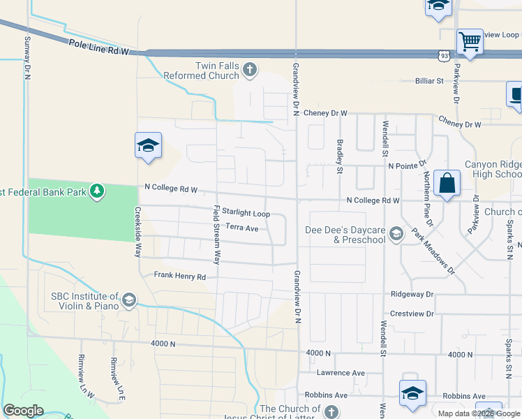 map of restaurants, bars, coffee shops, grocery stores, and more near 990 Starlight Loop in Twin Falls