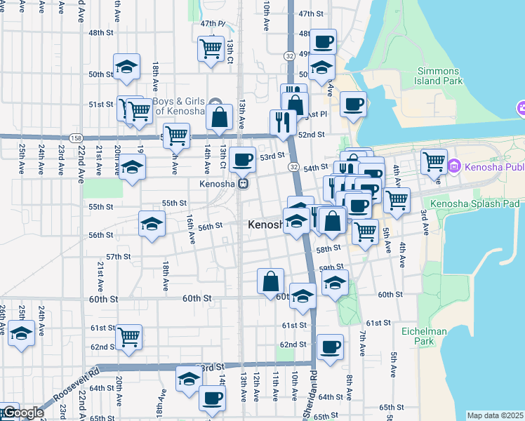 map of restaurants, bars, coffee shops, grocery stores, and more near 5506 11th Avenue in Kenosha