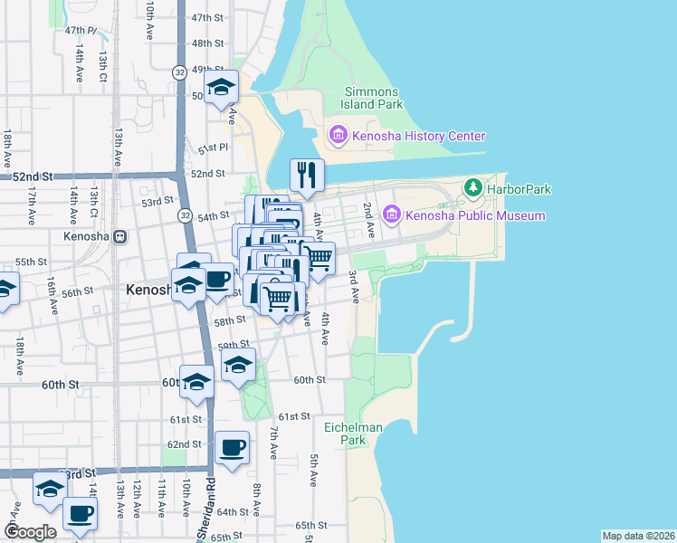 map of restaurants, bars, coffee shops, grocery stores, and more near 347 56th Street in Kenosha
