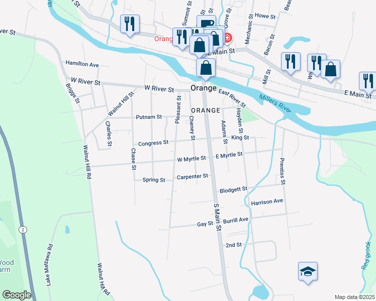 map of restaurants, bars, coffee shops, grocery stores, and more near 102 Cheney Street in Orange
