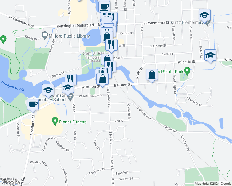 map of restaurants, bars, coffee shops, grocery stores, and more near 119 East Washington Street in Milford Charter Township
