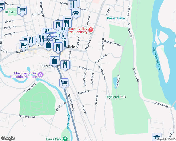 map of restaurants, bars, coffee shops, grocery stores, and more near 50 Prospect Street in Greenfield