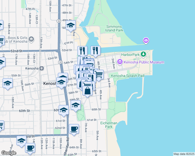 map of restaurants, bars, coffee shops, grocery stores, and more near 420 57th Street in Kenosha