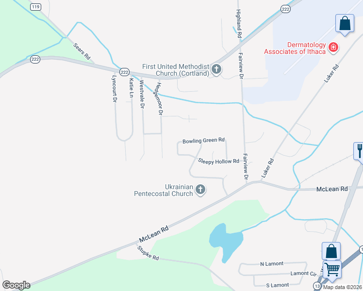 map of restaurants, bars, coffee shops, grocery stores, and more near 730 Bowling Green Road in Cortland