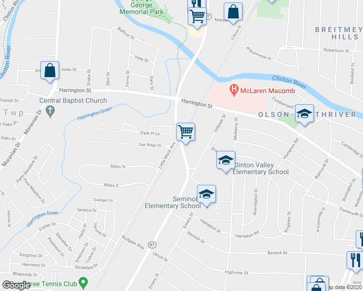 map of restaurants, bars, coffee shops, grocery stores, and more near 38620 South Groesbeck Highway in Clinton Township