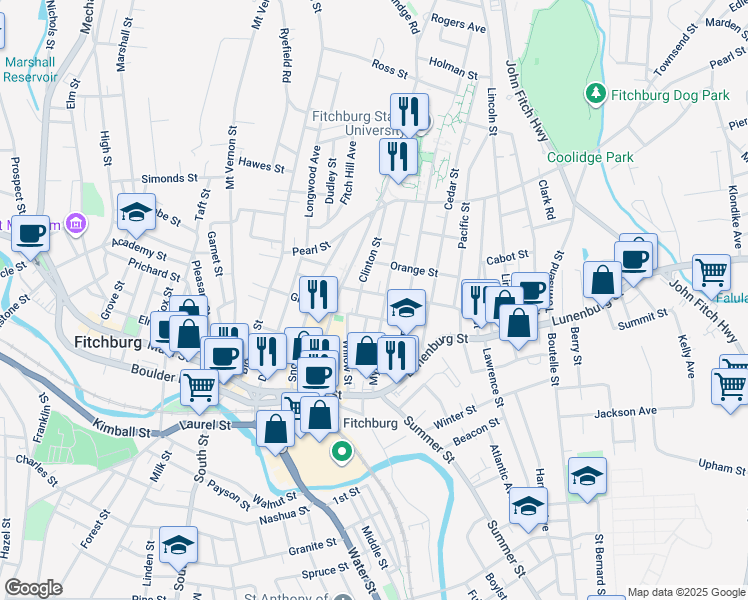 map of restaurants, bars, coffee shops, grocery stores, and more near 25 Congress Street in Fitchburg