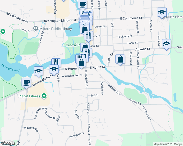 map of restaurants, bars, coffee shops, grocery stores, and more near 119 East Washington Street in Milford Charter Township